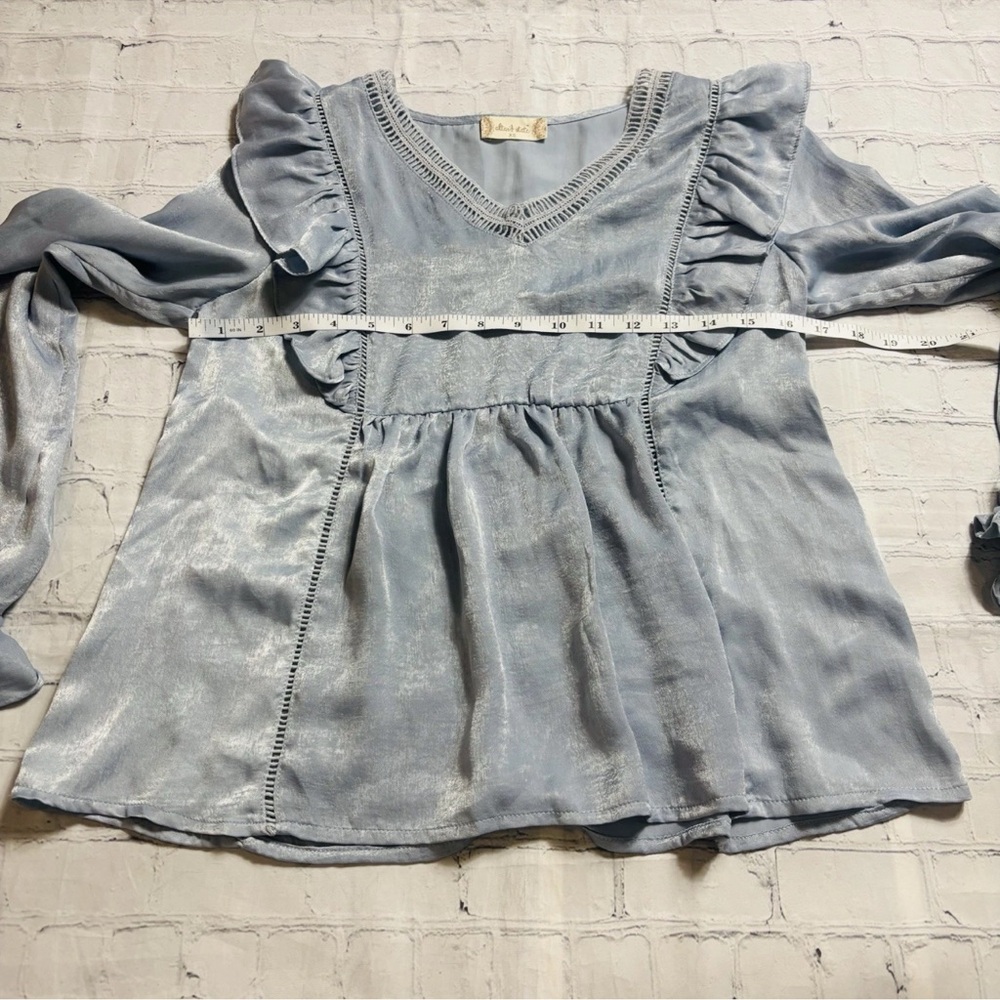 Altar'd State Womens XS Long Sleeve Babydoll Ruffle V-neck Feminine Blouse Blue - Picture 7 of 11